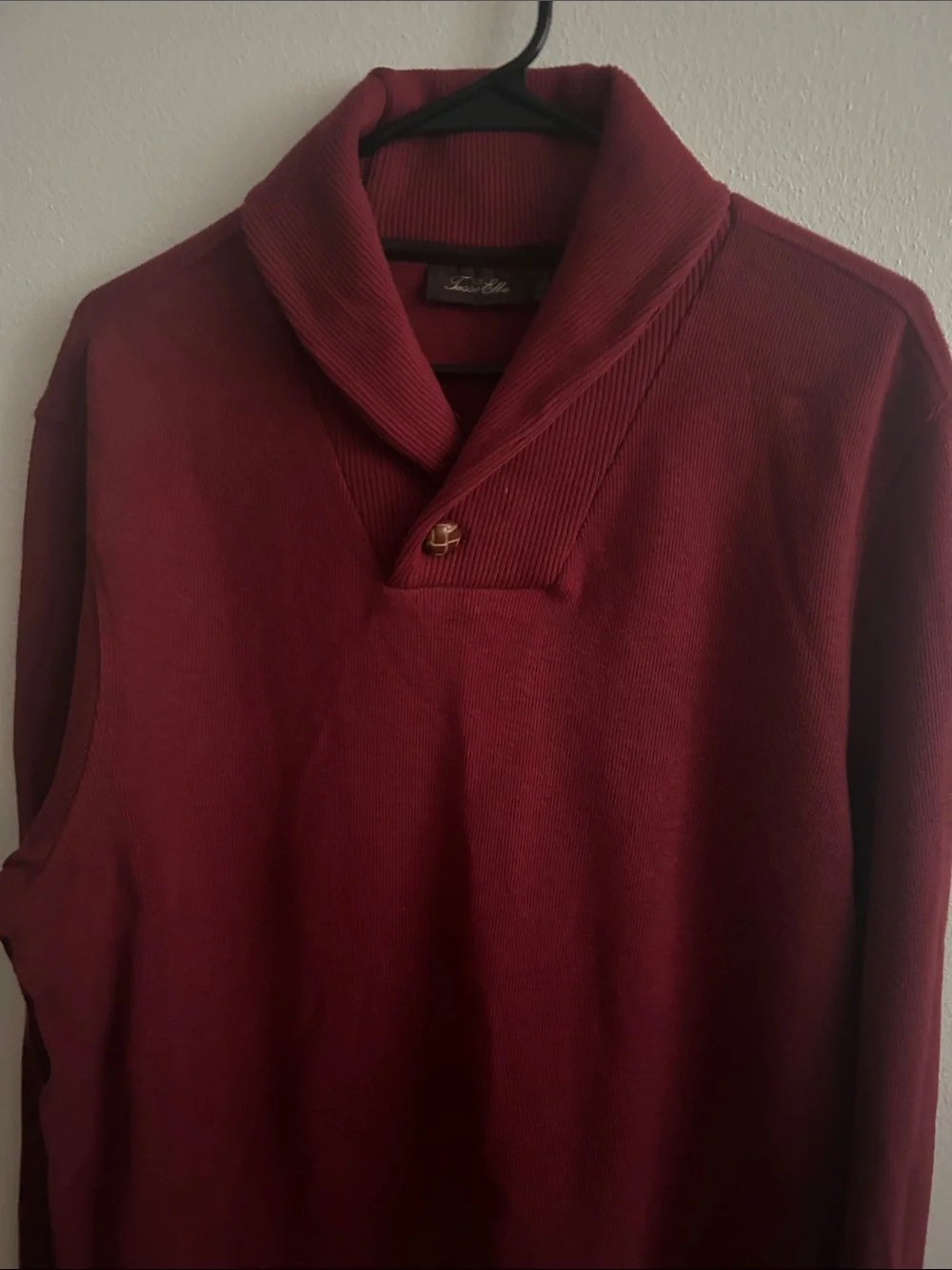 Tasso Elba Men L Shawl Collar Button Cotton Burgundy Rib Collar Hem Sweater